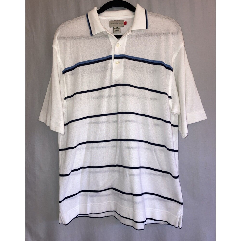 Cutter & Buck Mens M White Striped Short Sleeve Cotton Pique Polo Golf Shirt